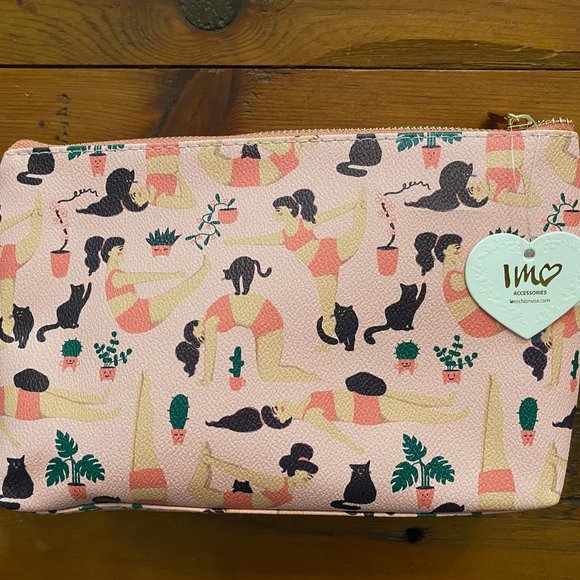 IMOSHION COSMETIC MAKEUP BAG NWT PINK WITH YOGA POSES, CACTUS & CATS BRAND NEW - Picture 2 of 4